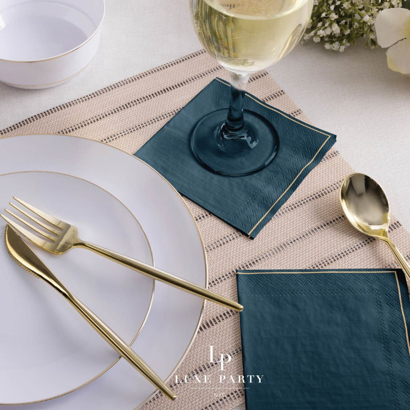 Luxe Party NYC Napkins 20 Beverage Napkins - 5" x 5" Teal with Gold Stripe Paper Cocktail Napkins | 20 Napkins