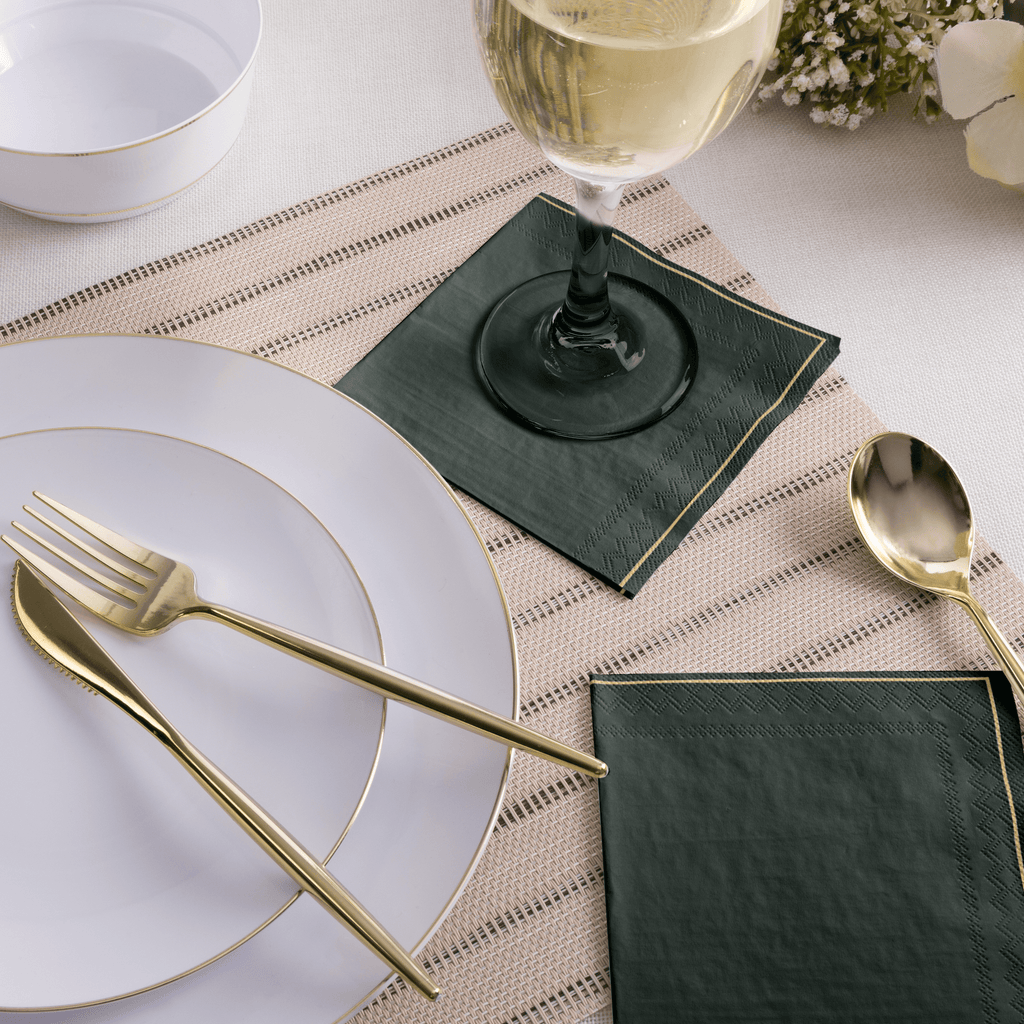 Luxe Party Solid Color Lunch Napkins 20 Lunch Napkins - 6.5" x 6.5" Emerald Green with Gold Stripe Paper Lunch Napkins | 20 Napkins