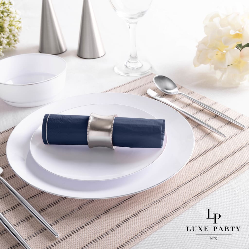 Luxe Party Solid Color Lunch Napkins 20 Lunch Napkins - 6.5" x 6.5" Navy Blue and Silver Stripe Paper Lunch Napkins | 20 Napkins