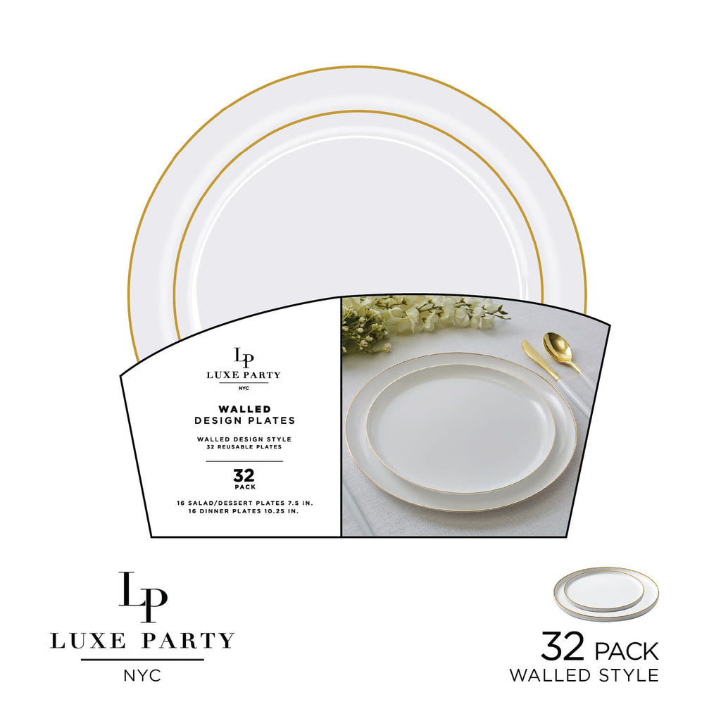 Luxe Party Plastic Plates 16 Dinner and 16 Salad Plates Round Walled White and Gold Plastic Plates Set | 32 Pack