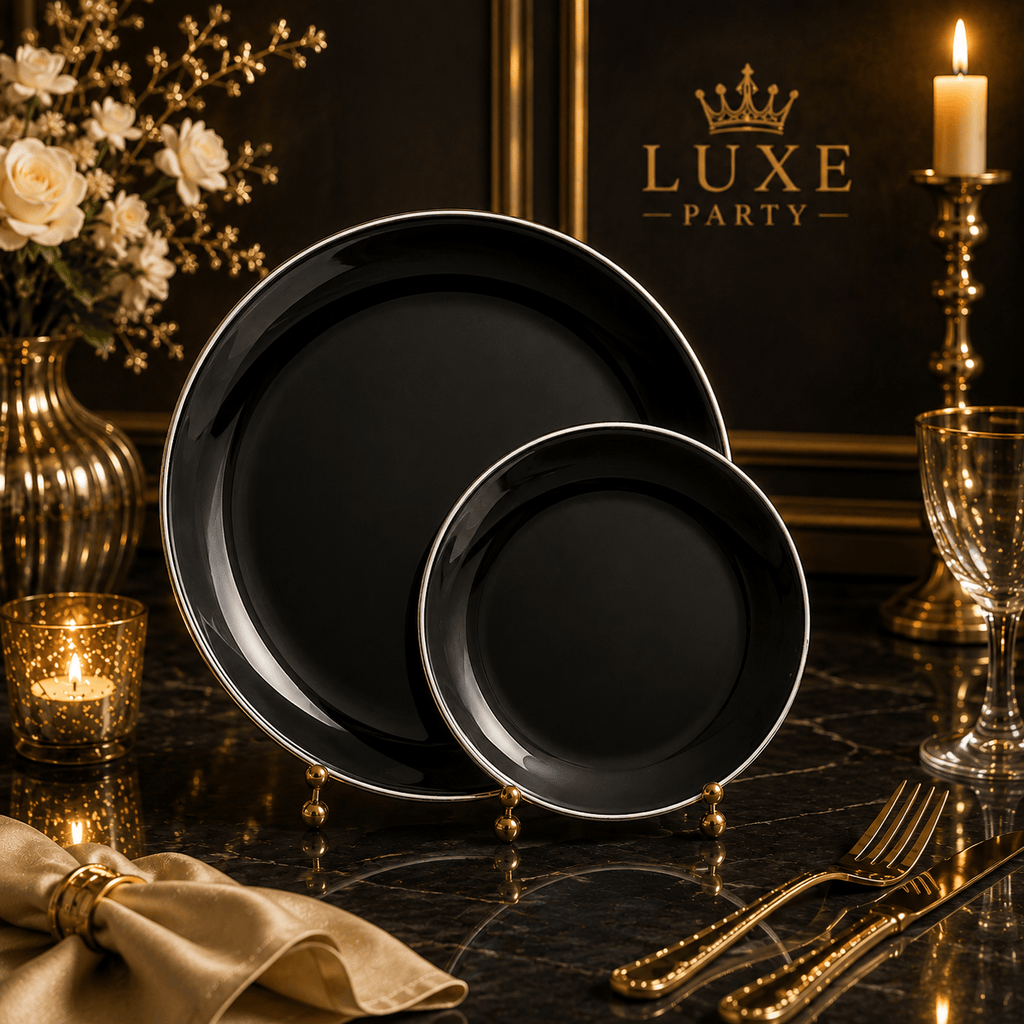 Round Accent Plastic Plates Black • Silver Round Plastic Plates | 10 Pack