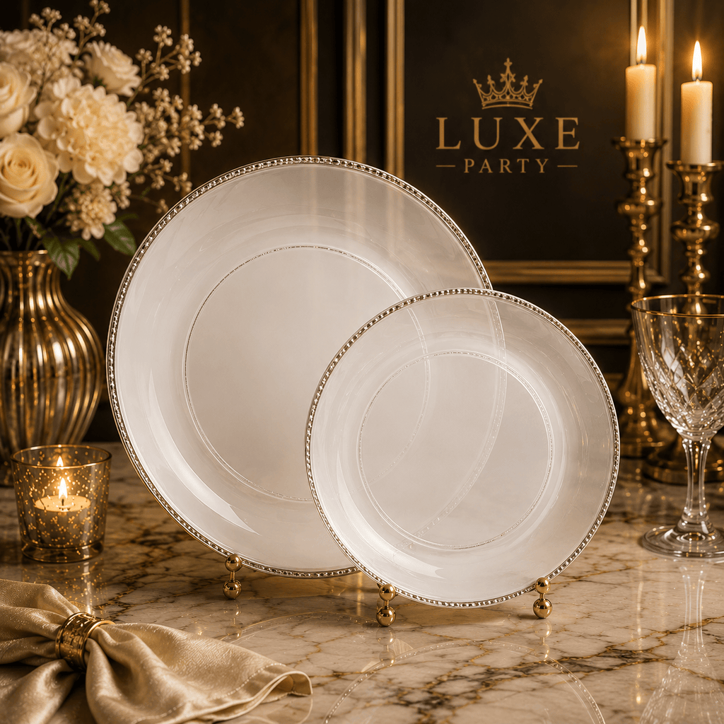 Round Accent Plastic Plates Clear • Silver Round Plastic Plates | 10 Pack
