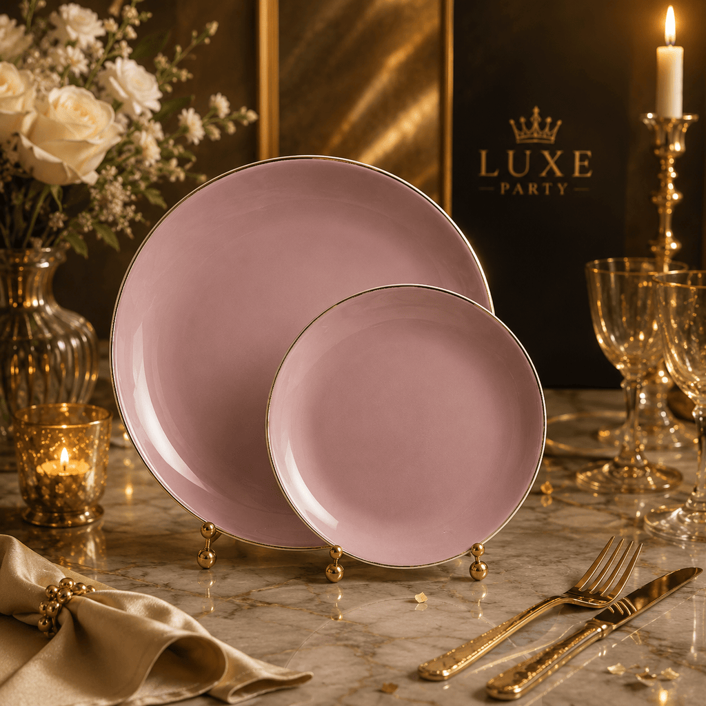 Round Accent Plastic Plates Round Mauve • Gold Plastic Plates | 10 Pack
