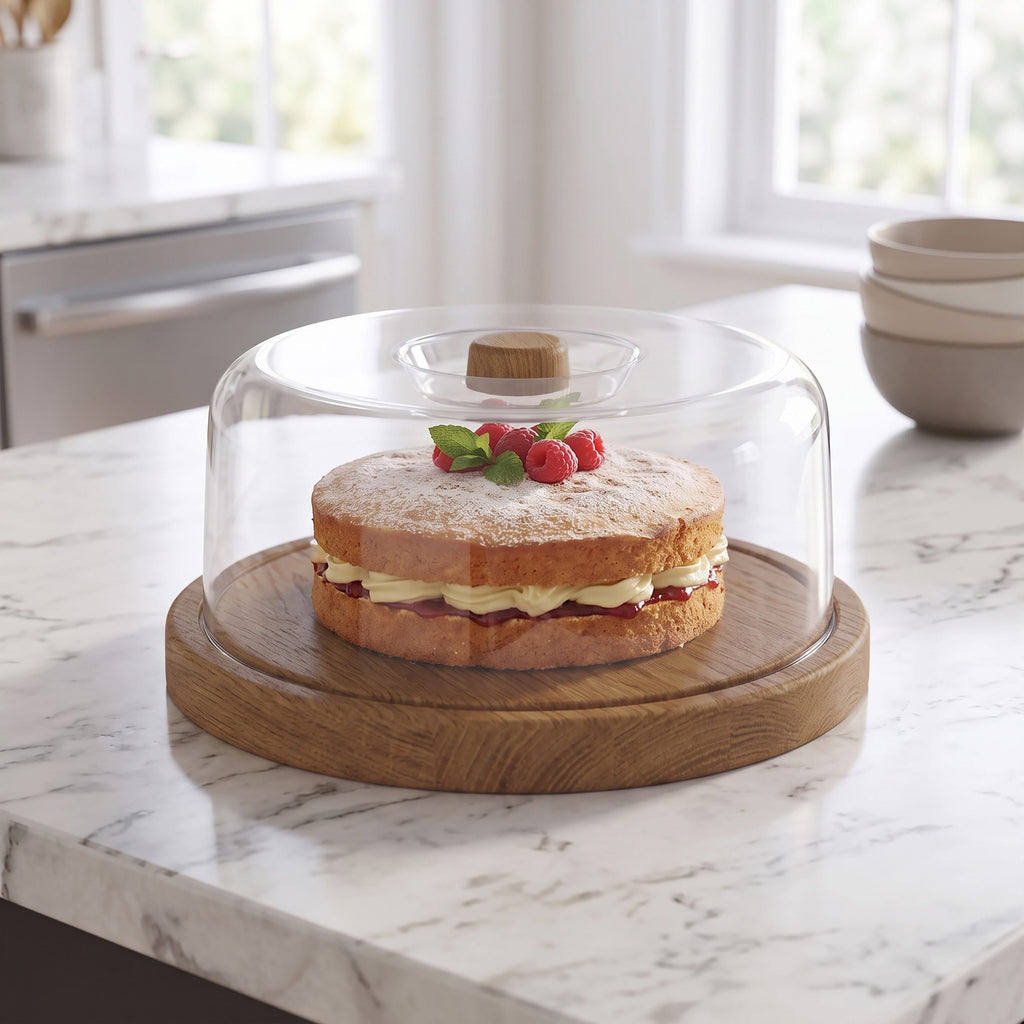 Luxe Party Serving Trays Round 12" Oak Heavy Plastic Serving Tray with Plastic Cover | 12" x 4"