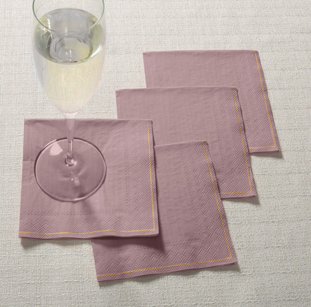Luxe Party NYC Napkins 20 Beverage Napkins - 5" x 5" Mauve with Gold Stripe Paper Cocktail Napkins | 20 Napkins