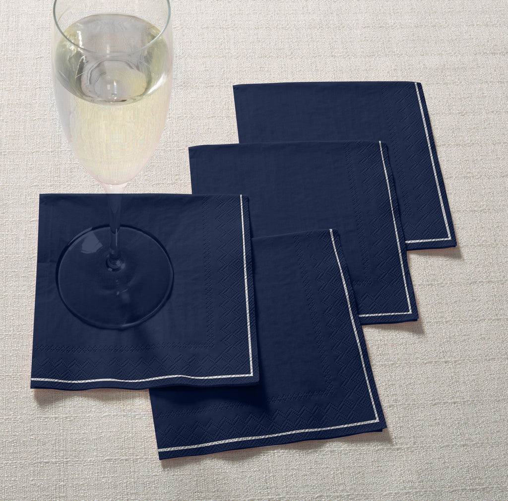 Luxe Party NYC Napkins 20 Beverage Napkins - 5" x 5" Navy with Silver Stripe Paper Cocktail Napkins | 20 Napkins