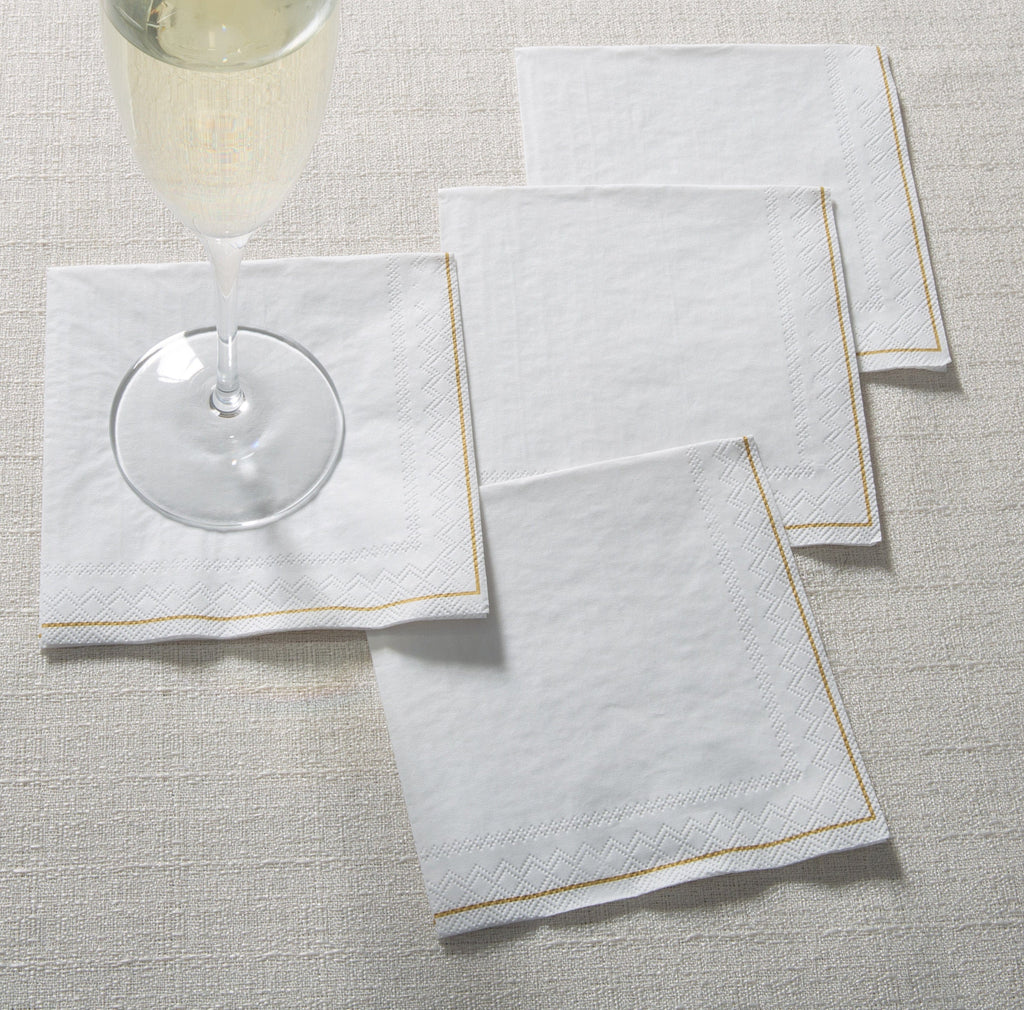 Luxe Party NYC Napkins 20 Beverage Napkins - 5" x 5" White with Gold Stripe Paper Cocktail Napkins | 20 Napkins