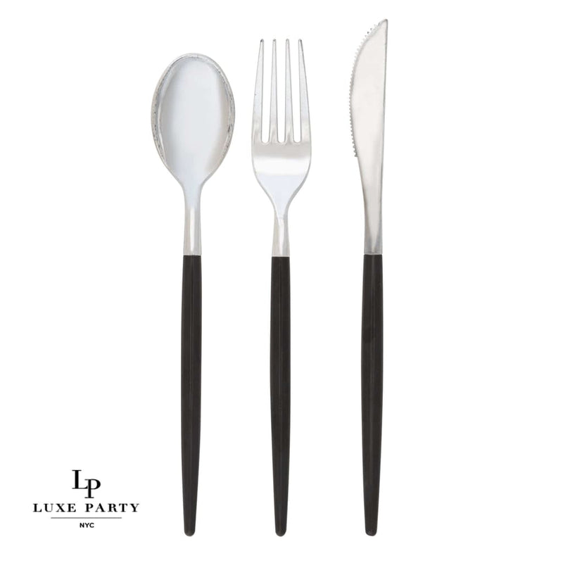 Luxe Party NYC Two Tone Cutlery Black • Silver Plastic Cutlery Set | 32 Pieces