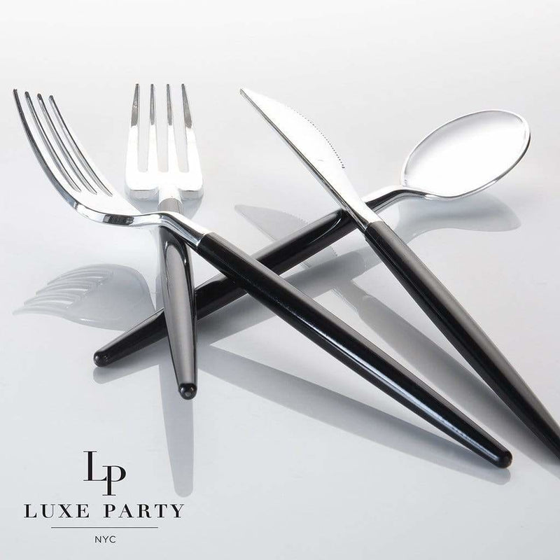 Luxe Party NYC Two Tone Cutlery Black • Silver Plastic Cutlery Set | 32 Pieces