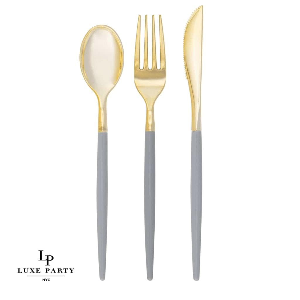 Luxe Party NYC Two Tone Cutlery Grey • Gold Plastic Cutlery Set | 32 Pieces