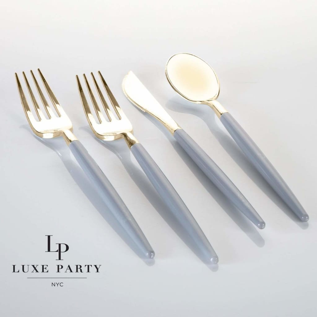 Luxe Party NYC Two Tone Cutlery Grey • Gold Plastic Cutlery Set | 32 Pieces