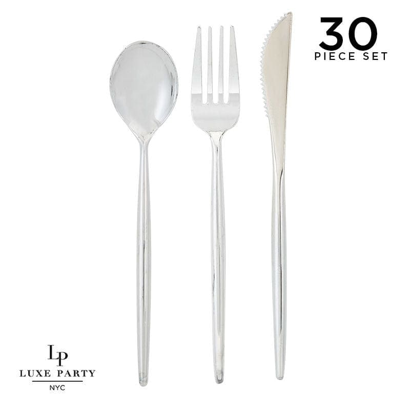 Luxe Party NYC Two Tone Cutlery Matrix Silver Plastic Cutlery Set | 30 Pieces