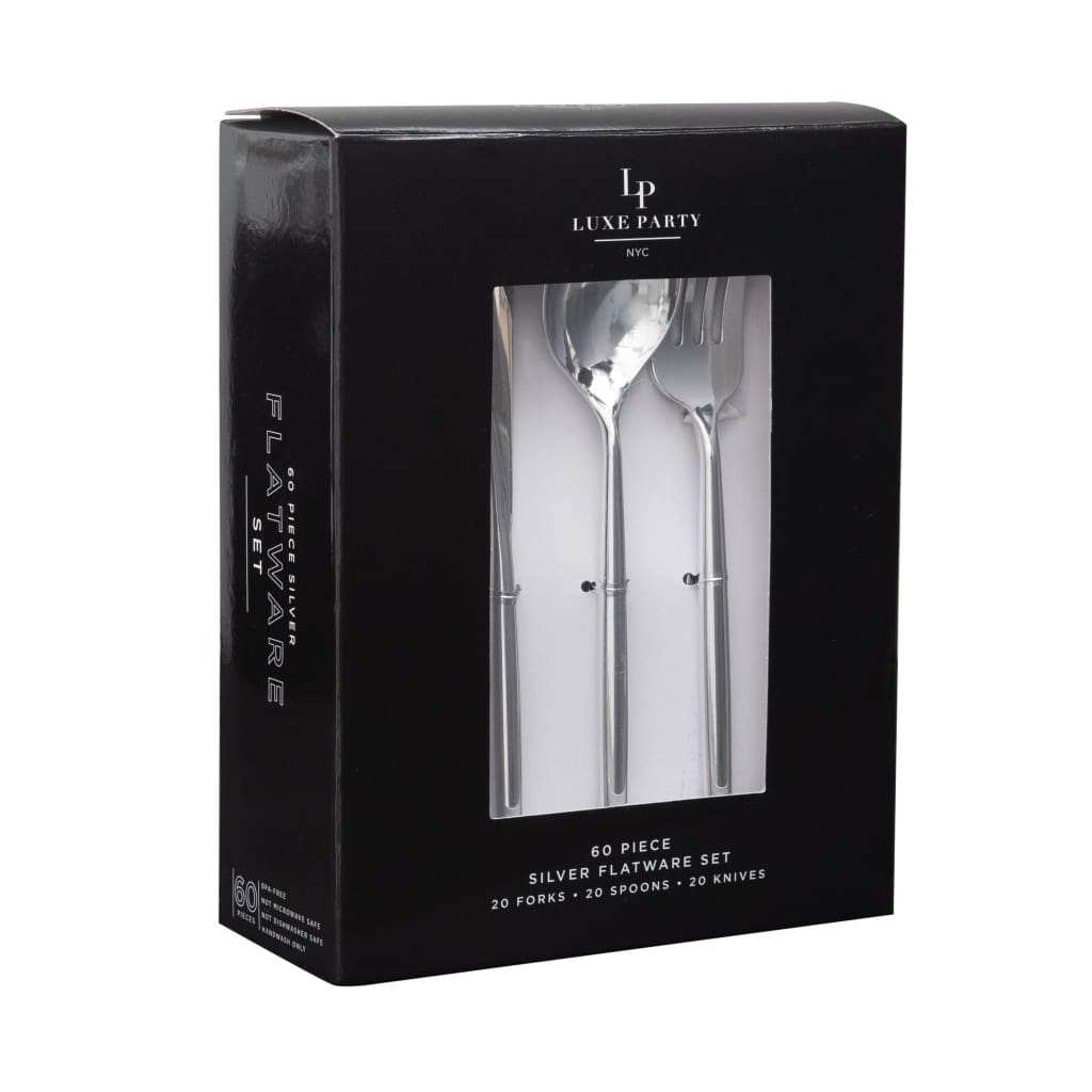 Luxe Party NYC Two Tone Cutlery Matrix Silver Plastic Cutlery Set | 60 Pieces