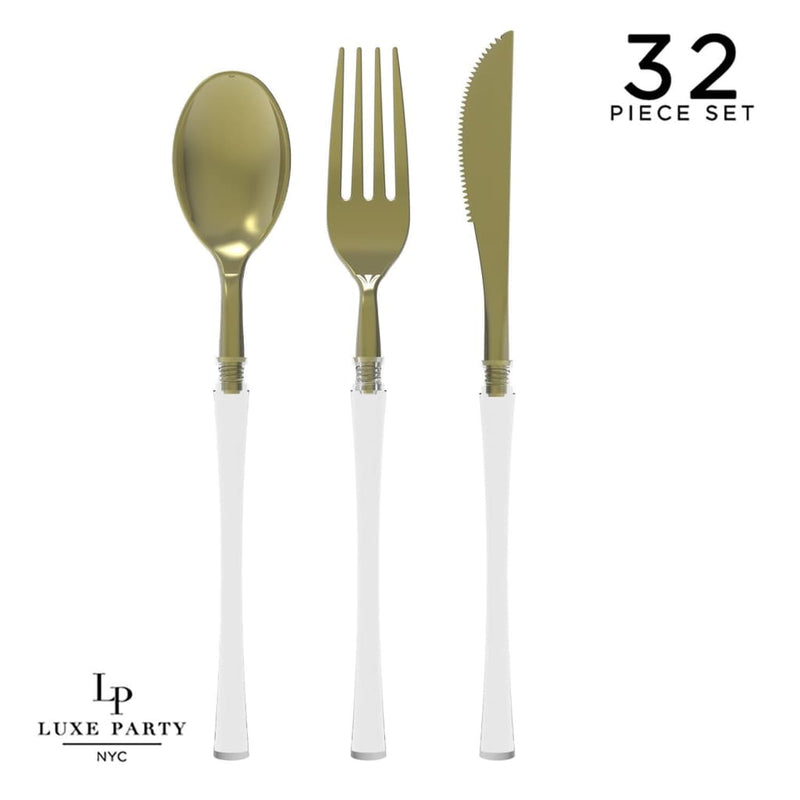 Luxe Party NYC Two Tone Cutlery Neo Classic Clear and Gold Plastic Cutlery Set | 32 Pieces