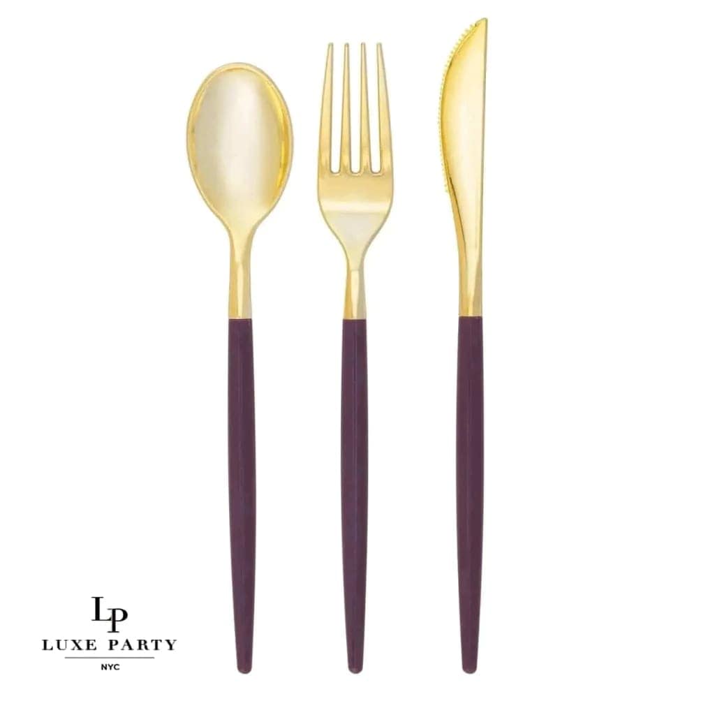 Luxe Party NYC Two Tone Cutlery Purple • Gold Plastic Cutlery Set | 32 Pieces