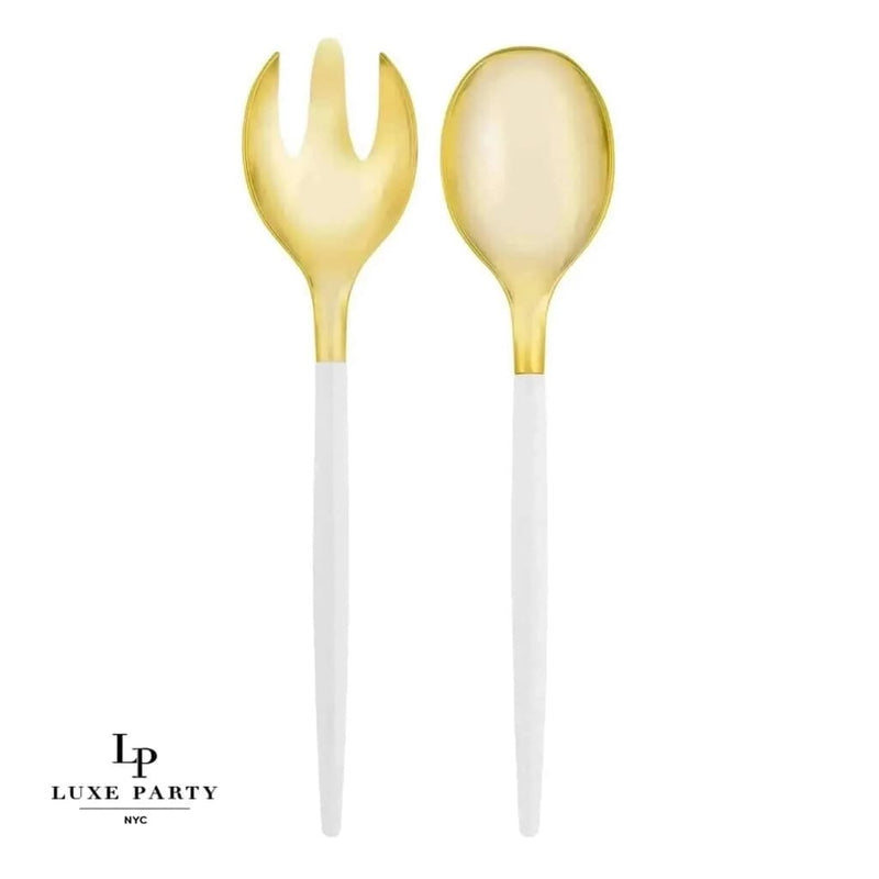 Luxe Party NYC Two Tone Serving 1 Spoon 1 Fork White /  Gold Plastic Serving Fork • Spoon Set