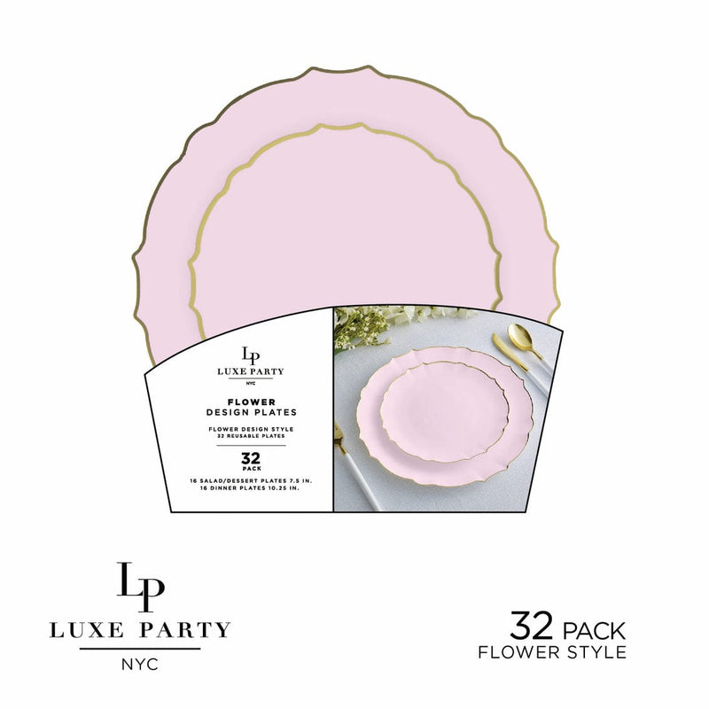 Luxe Party Plastic Plates 16 Dinner and 16 Salad Plates Blush Frosted Plate and Gold Plastic Plates Set | 32 Pack