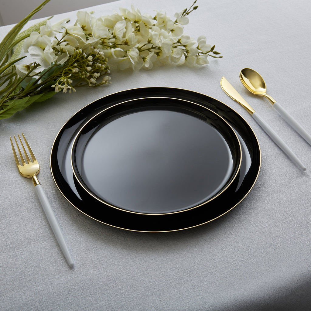 Luxe Party NYC Plastic Plates 16 Dinner and 16 Salad Plates Round Walled Black and Gold Plastic Plates Set | 32 Pack