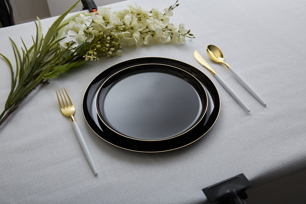 Luxe Party Plastic Plates 16 Dinner and 16 Salad Plates Round Walled Black and Gold Plastic Plates Set | 32 Pack