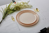 Luxe Party Plastic Plates 16 Dinner and 16 Salad Plates Round Walled Linen and Gold Plastic Plates Set | 32 Pack