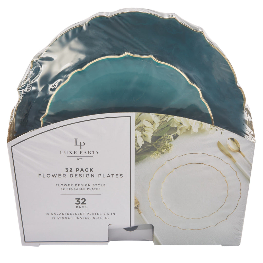 Luxe Party Plastic Plates 16 Dinner and 16 Salad Plates Teal Frosted Plate and Gold Plastic Plates Set | 32 Pack