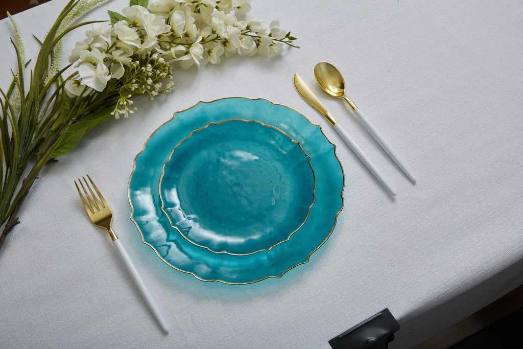 Luxe Party Plastic Plates 16 Dinner and 16 Salad Plates Teal Frosted Plate and Gold Plastic Plates Set | 32 Pack