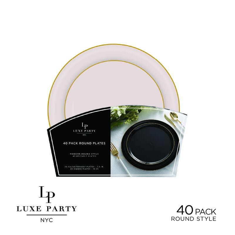 Luxe Party Plastic Plates 20 Dinner and 20 Salad Plates Round Linen and Gold Plastic Plates Set | 40 Pack