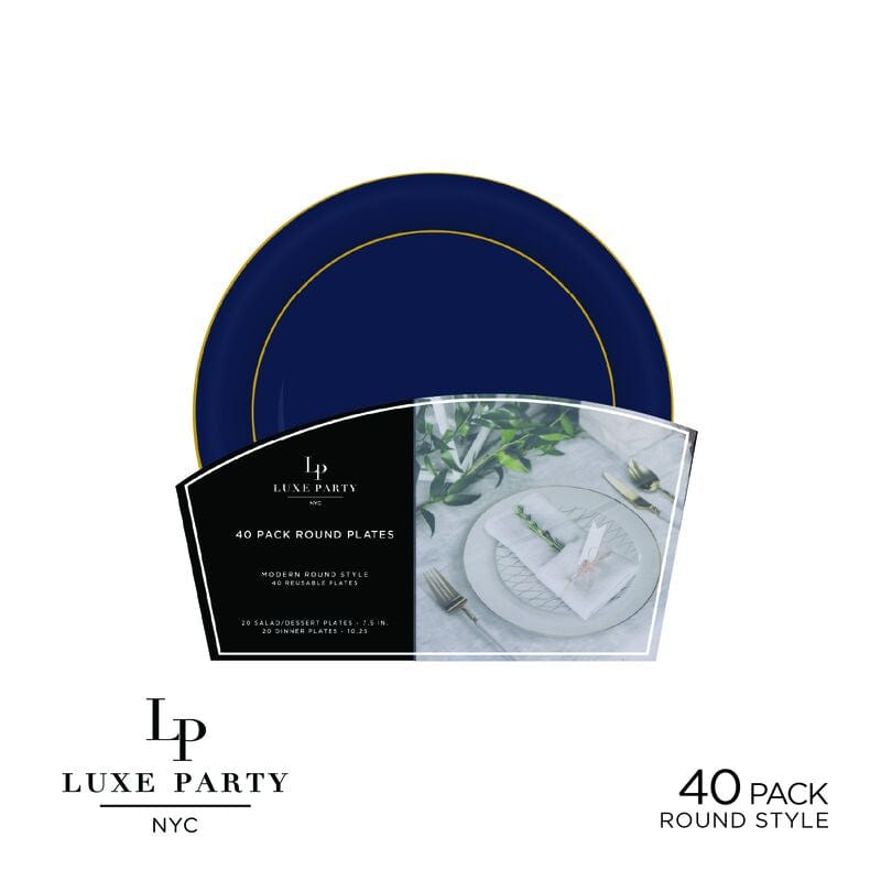 Luxe Party Plastic Plates 20 Dinner and 20 Salad Plates Round Navy Blue and Gold Plastic Plates Set | 40 Pack