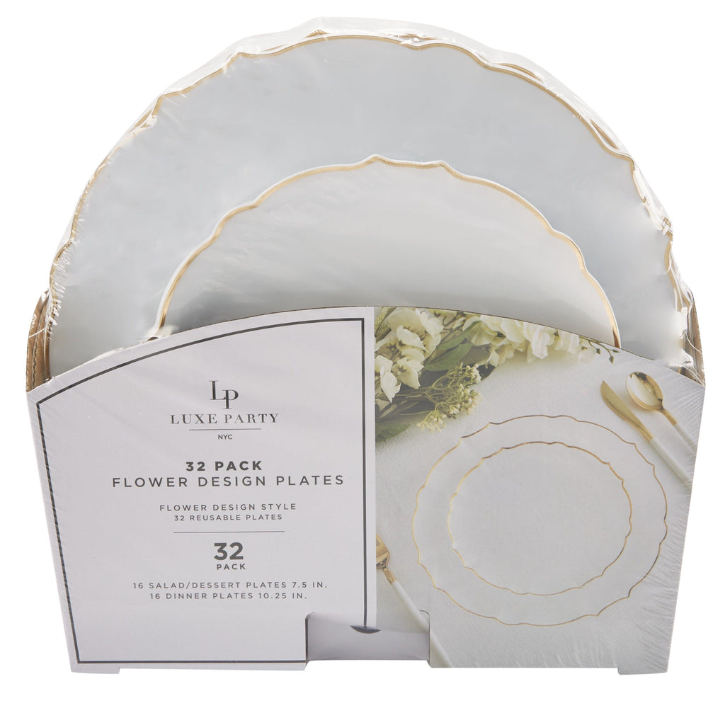 Luxe Party Plastic Plates 20 Dinner and 20 Salad Plates White Frosted Plate and Gold Plastic Plates Set | 32 Pack