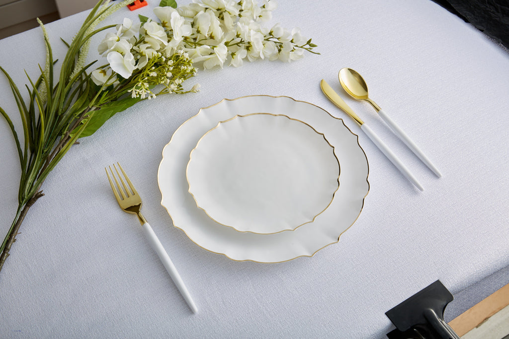 Luxe Party Plastic Plates 20 Dinner and 20 Salad Plates White Frosted Plate and Gold Plastic Plates Set | 32 Pack