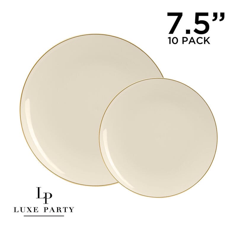 Luxe Party Plastic Plates 10.25" Dinner Plates Round Creme Off White and Gold Plastic Plates | 10 Pack