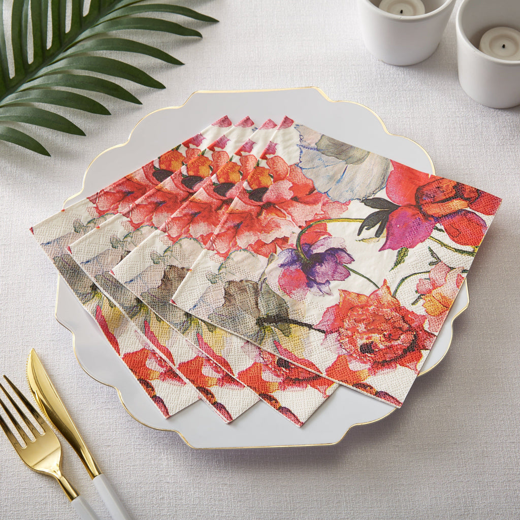 Luxe Party Napkins 50 Beverage Napkins - 5" x 5" Red Flowers Paper Lunch Napkins | 50 Napkins