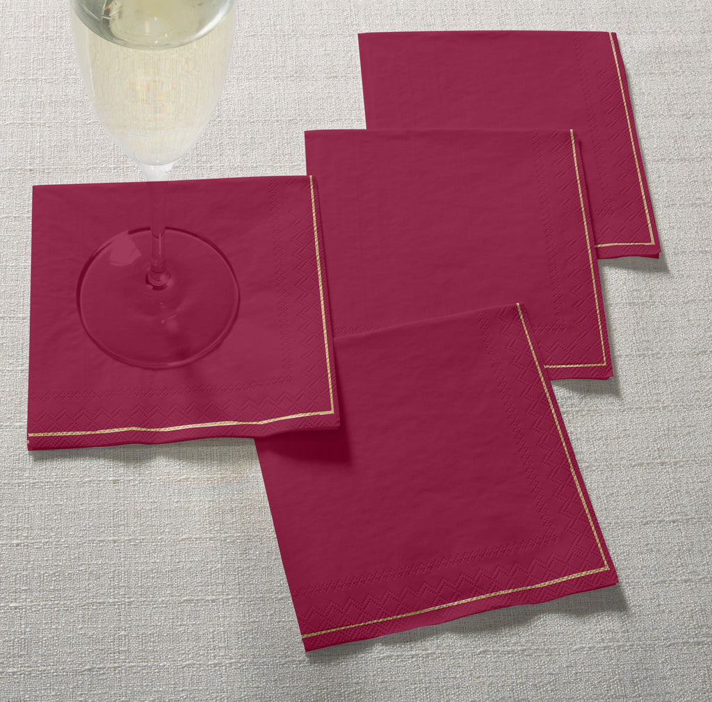 Luxe Party NYC Napkins 20 Beverage Napkins - 5" x 5" Cranberry with Gold Stripe Paper Cocktail Napkins | 20 Napkins