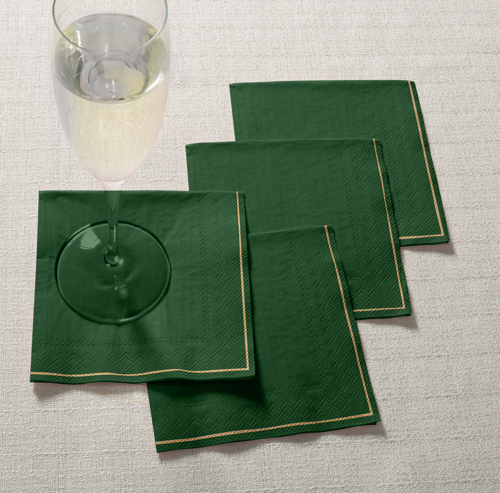Luxe Party NYC Napkins 20 Beverage Napkins - 5" x 5" Emerald with Gold Stripe Paper Cocktail Napkins | 20 Napkins