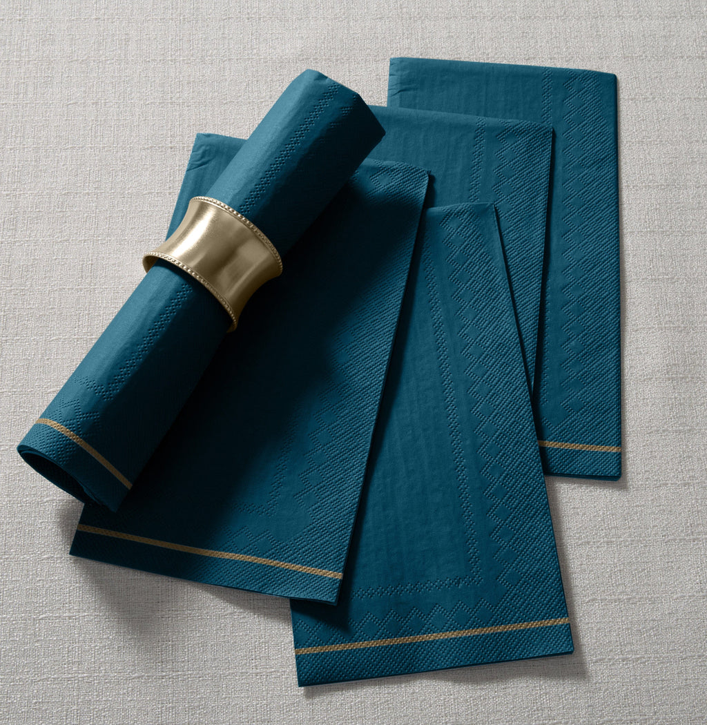 Luxe Party NYC Napkins 16 Dinner Napkins - 4.25" x 7.75" Teal with Gold Stripe Guest Paper Napkins | 16 Napkins
