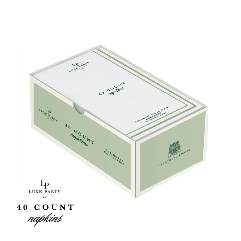 Luxe Party Solid Color Dinner Napkins 40 Dinner Napkins - 4.25" x 7.75" White and Sage Green Stripe Border Stripe Guest Paper Dinner Napkins | 40 Napkins