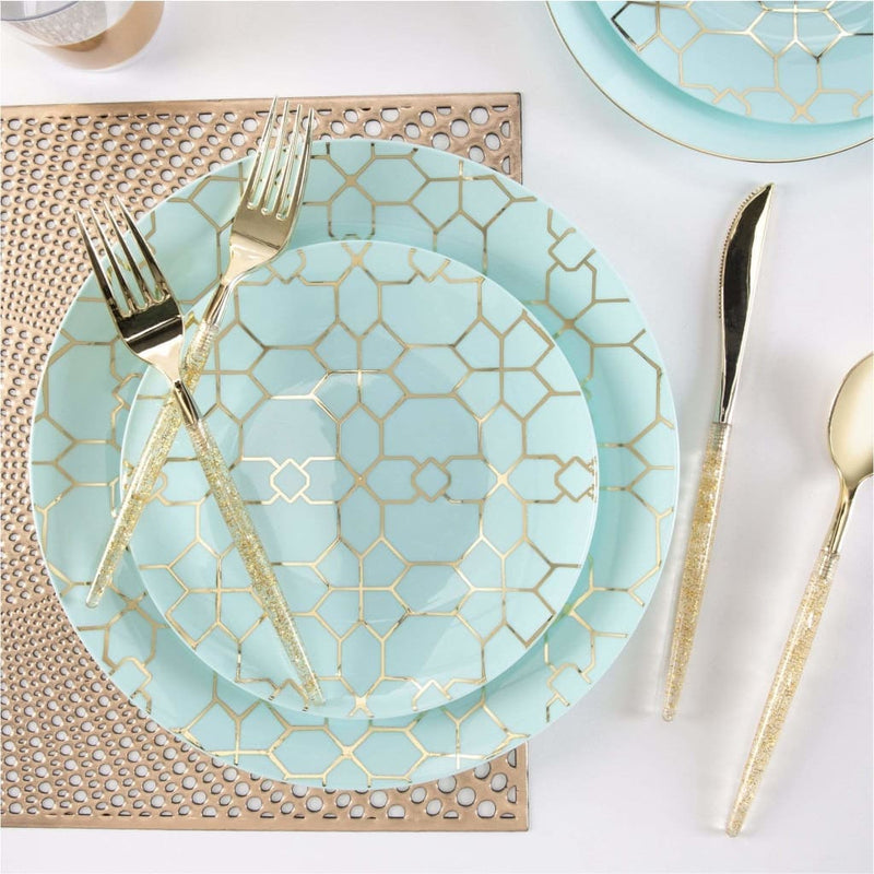 Round Accent Pattern Plastic Plates 10.25" Dinner Plates Round Mint • Gold Pattern Plastic Plates | 10 Pack