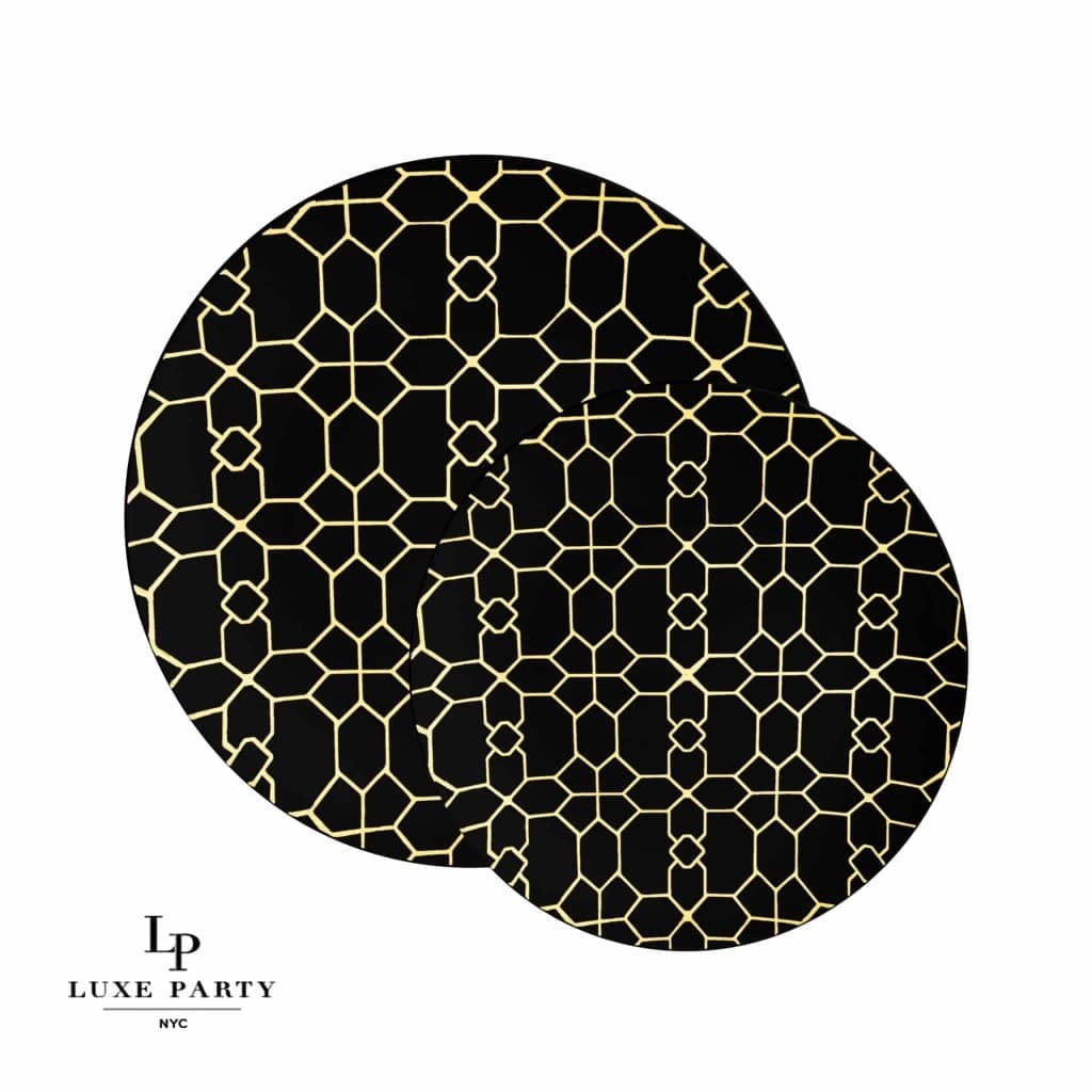 Round Accent Pattern Plastic Plates Round Black • Gold Pattern Plastic Plates | 10 Pack