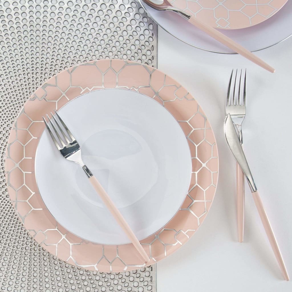 Round Accent Pattern Plastic Plates Round Blush • Silver Lattice Pattern Plastic Plates | 10 Pack