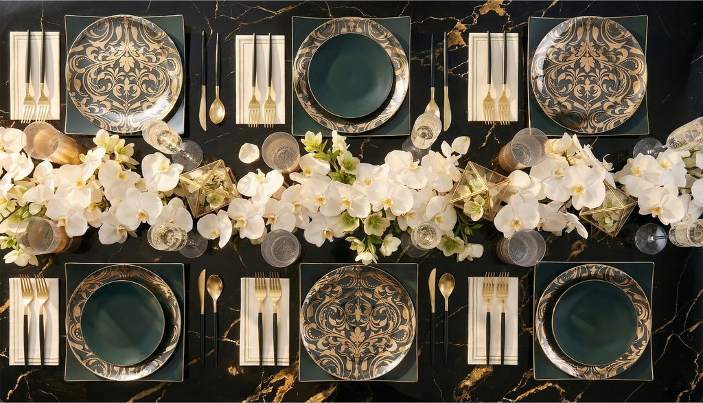 Round Accent Pattern Plastic Plates 7.25" Appetizer Plates Round Clear • Gold Baroque Pattern Plastic Plates | 20 Pack