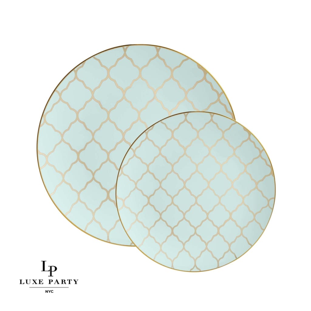 Round Accent Pattern Plastic Plates Round Mint • Gold Lattice Pattern Plastic Plates | 10 Pack