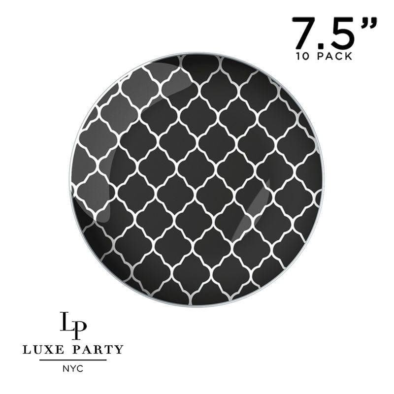 Round Lattice Plastic Plates 7.25" Appetizer Plates Round Black • Silver Lattice Pattern Plastic Plates | 10 Pack