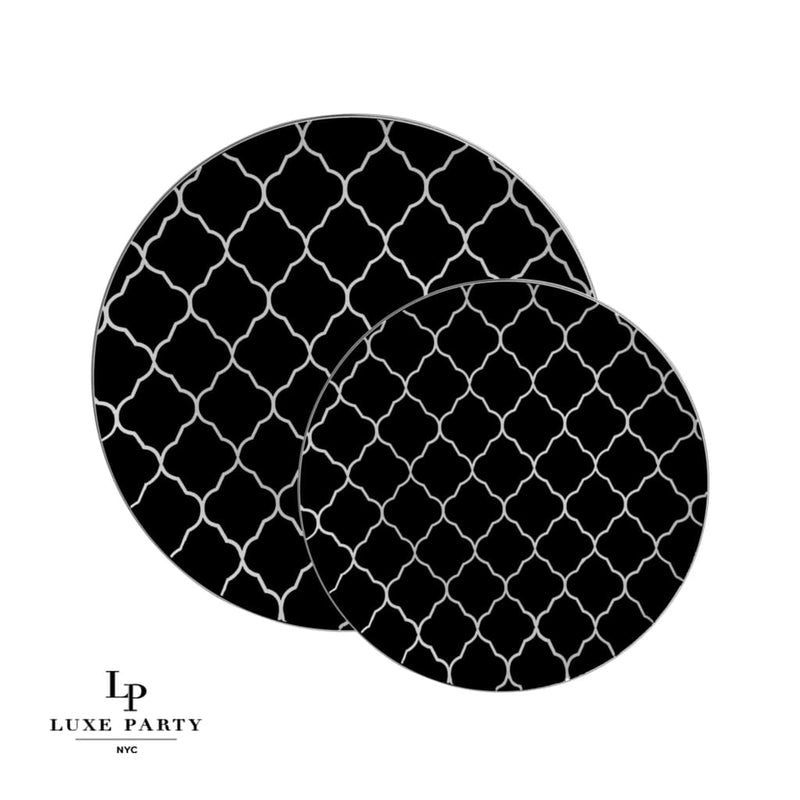 Round Lattice Plastic Plates Round Black • Silver LT Pattern Plastic Plates | 10 Pack