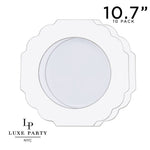 Scallop Design Plastic Plates 10.7" Dinner Plates Scalloped Clear Base Silver • White Plastic Plates | 10 Pack