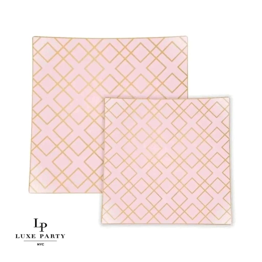 Square Accent Pattern Plastic Plates Square Blush • Gold Art Deco Pattern Plastic Plates | 10 Plates