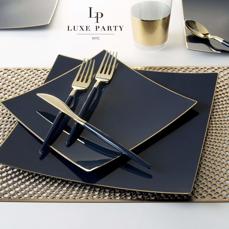 Square Accent Plastic Plates Square Coupe Navy • Gold Plastic Plates | 10 Pack