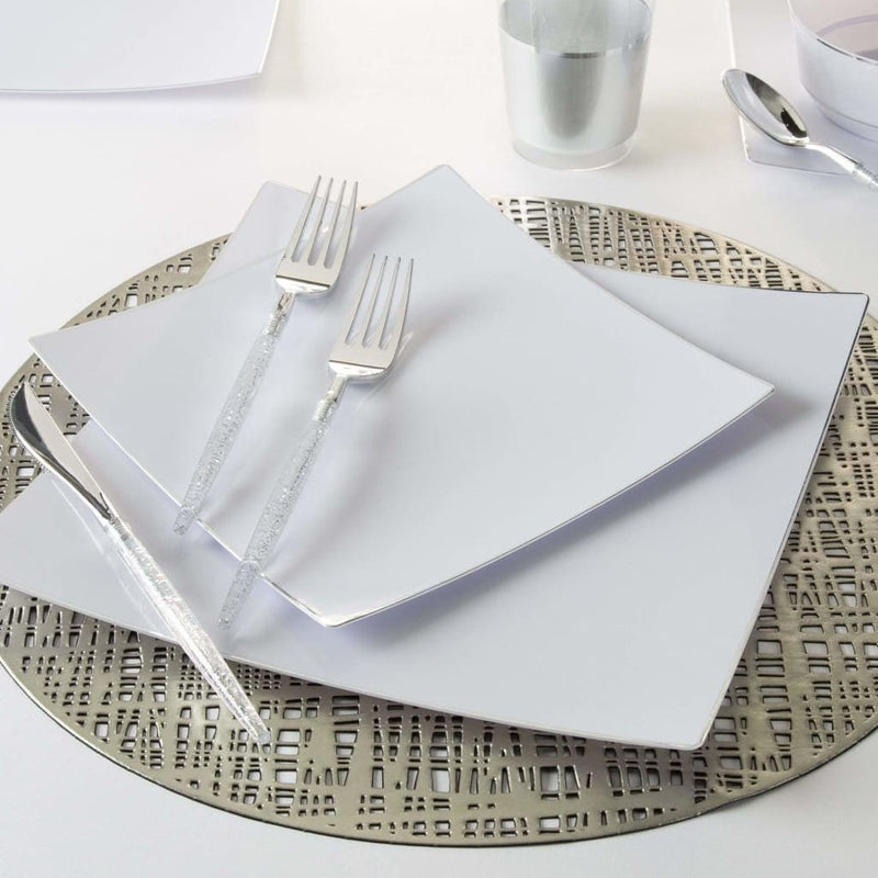 Square Accent Plastic Plates Square Coupe White • Silver Plastic Plates | 10 Pack