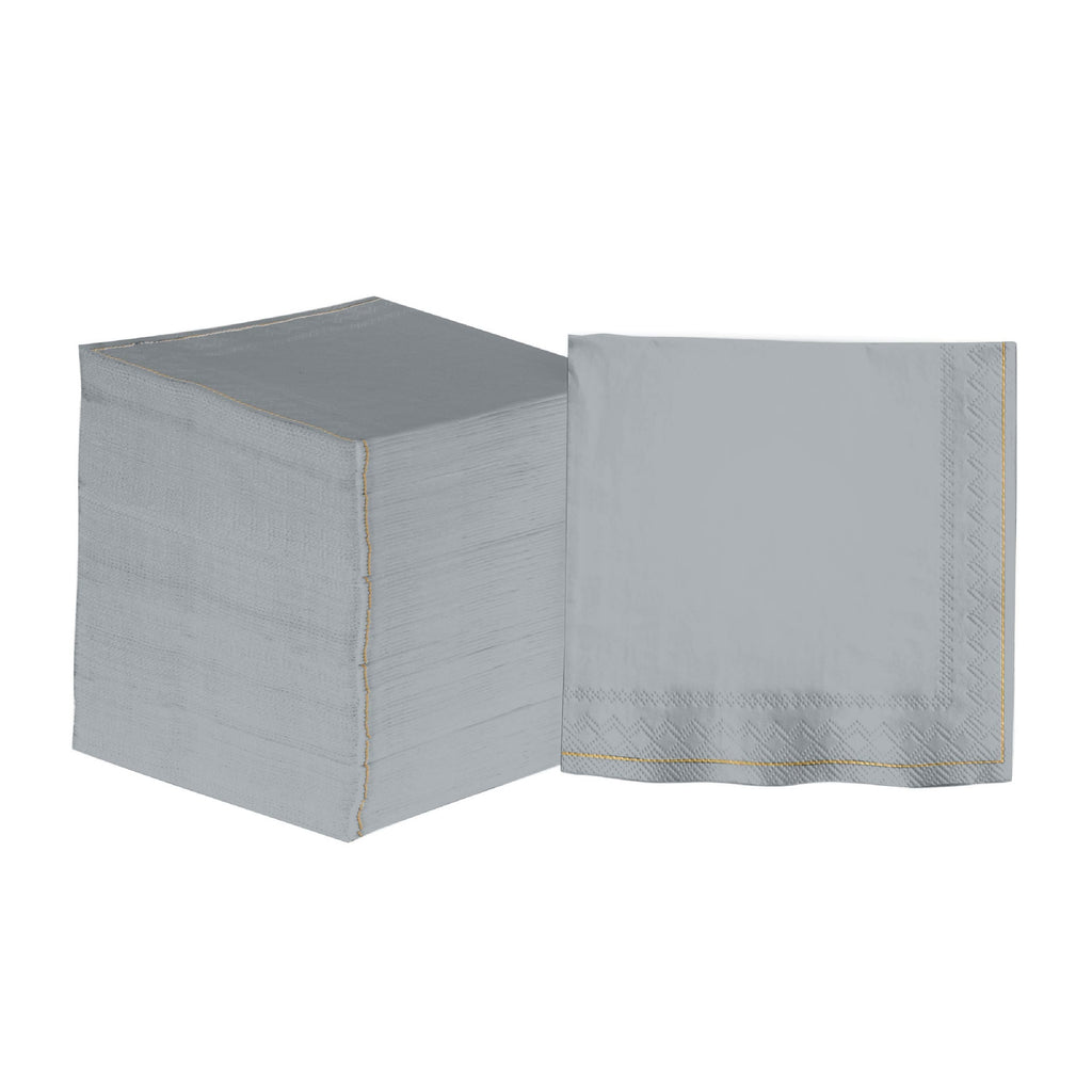 Luxe Party Napkins 20 Beverage Napkins - 5" x 5" Grey with Gold Stripe Paper Cocktail Napkins | 20 Napkins