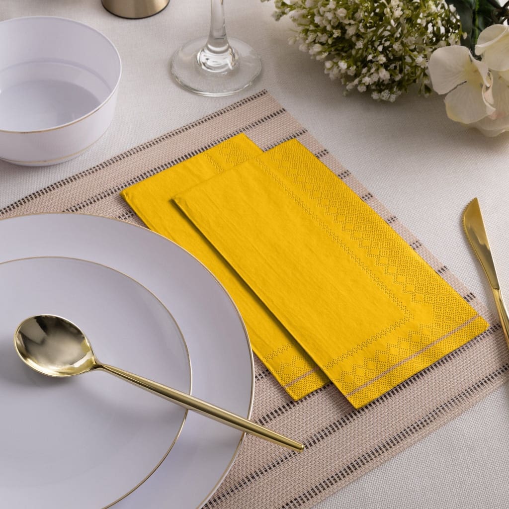 Luxe Party NYC Napkins 16 Dinner Napkins - 4.25" x 7.75" Yellow with Gold Stripe Guest Paper Napkins | 16 Napkins