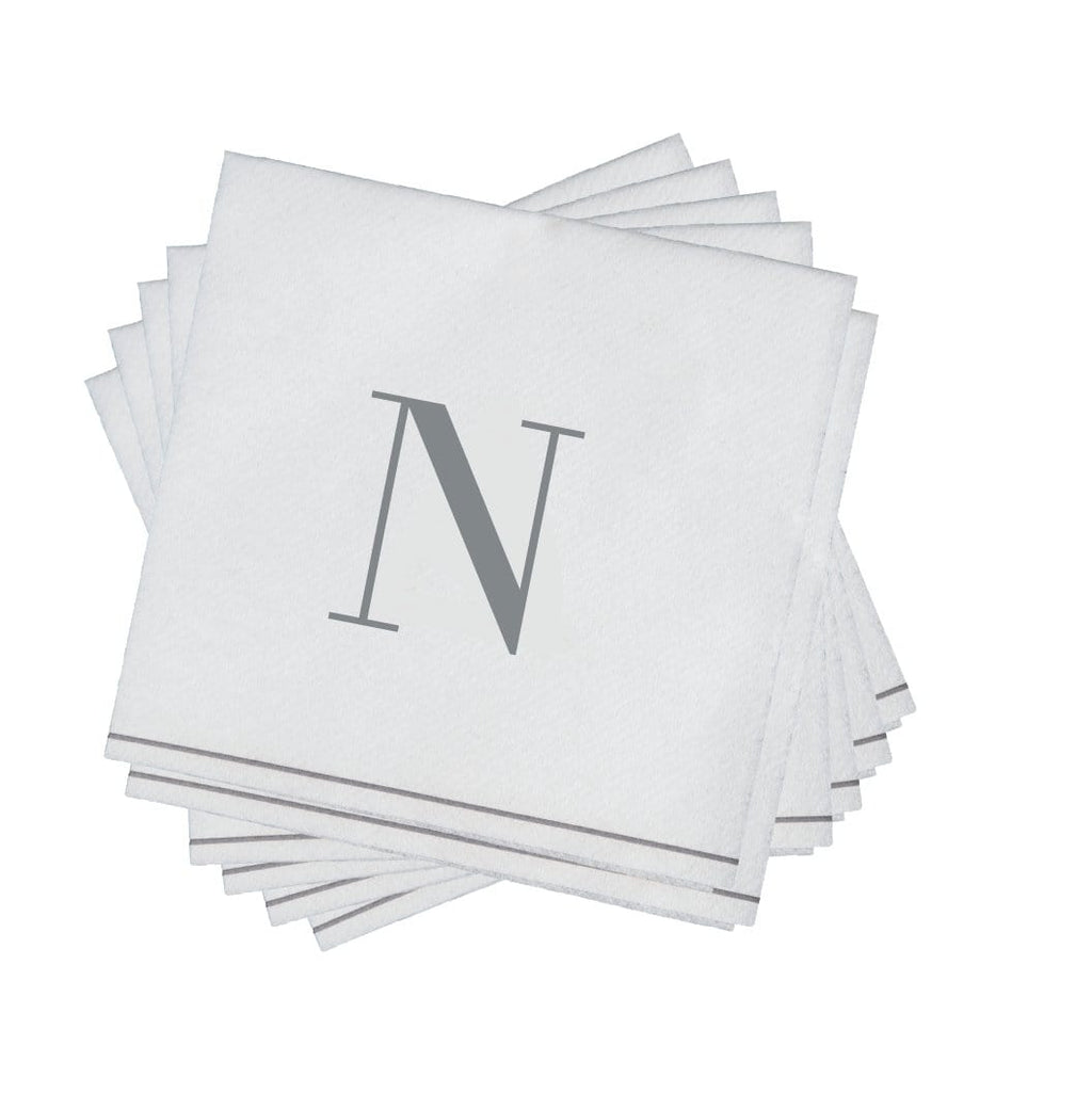 Luxe Party NYC Napkins 16 Napkins / White and Silver N - Bodoni Script Single Initial Paper Beverage Napkins